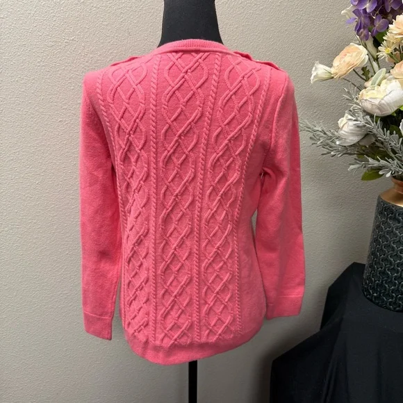 Talbots Petite Pink Cable Knit Sweater L/P Button Shoulder Classic Cozy - Picture 3 of 7